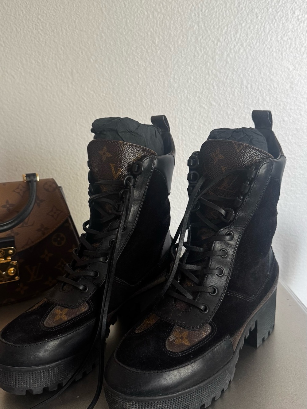Louis Vuitton Black Suede & Monogram Lace-Up Lug Boots